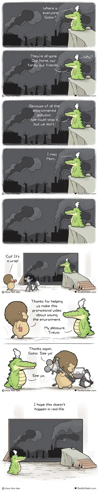 A comic strip shows a green cartoon alligator named Gator, with a small white rabbit on its head, sitting on a cliff…