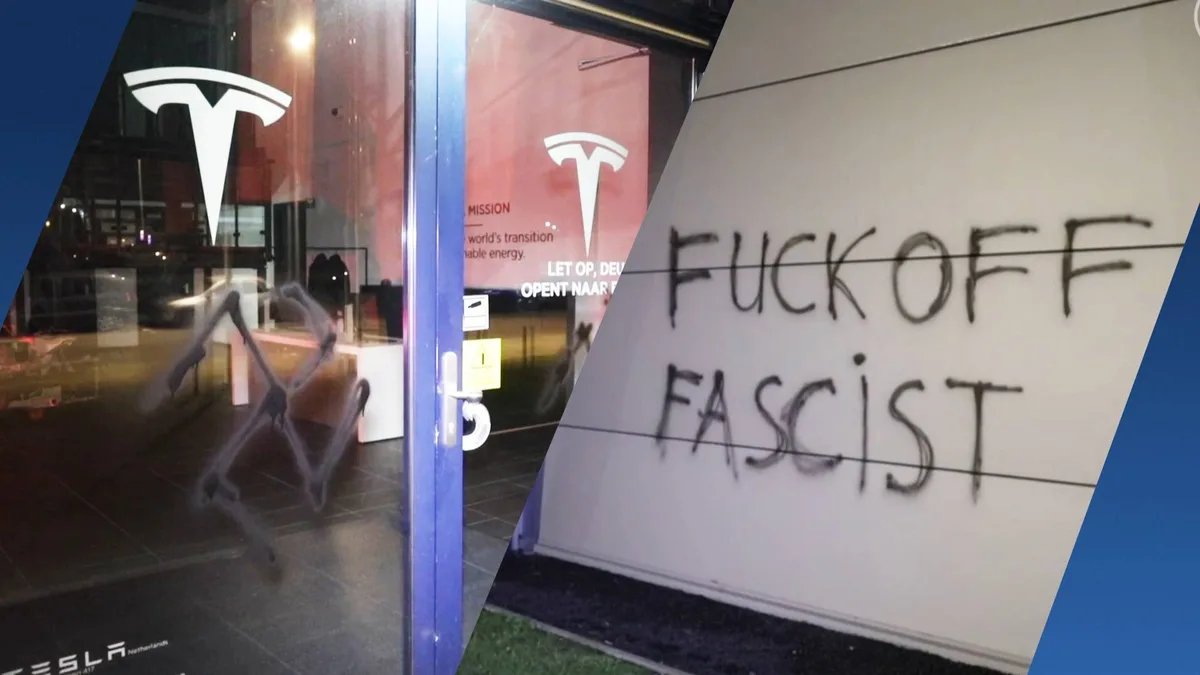 A split image shows a Tesla store entrance with its logo and glass doors, juxtaposed with a white wall bearing the…