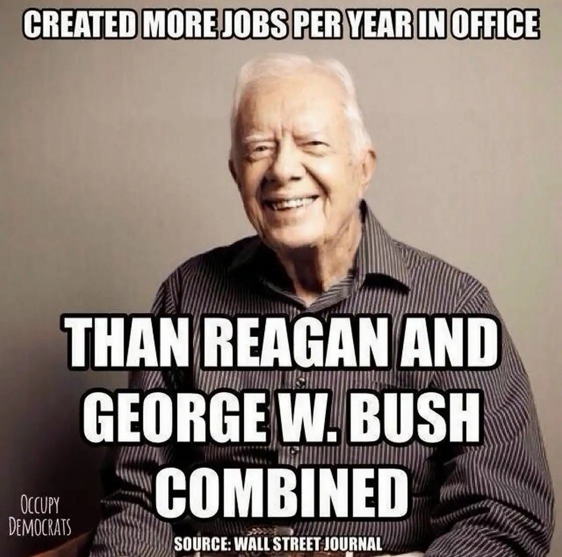An image of Jimmy Carter smiling, overlaid with bold white text claiming he created more jobs per year than Reagan and…