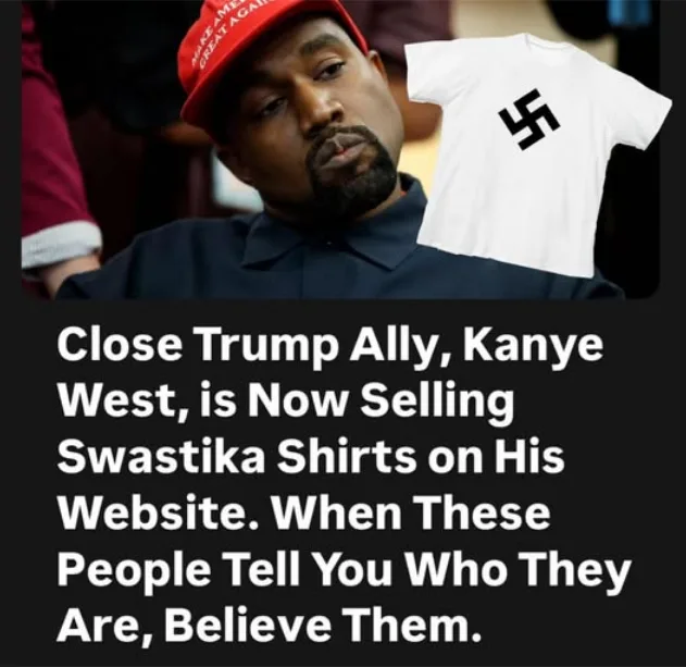 A photo of Kanye West wearing a red 'Make America Great Again' cap and a dark shirt, looking off to the side. A white…