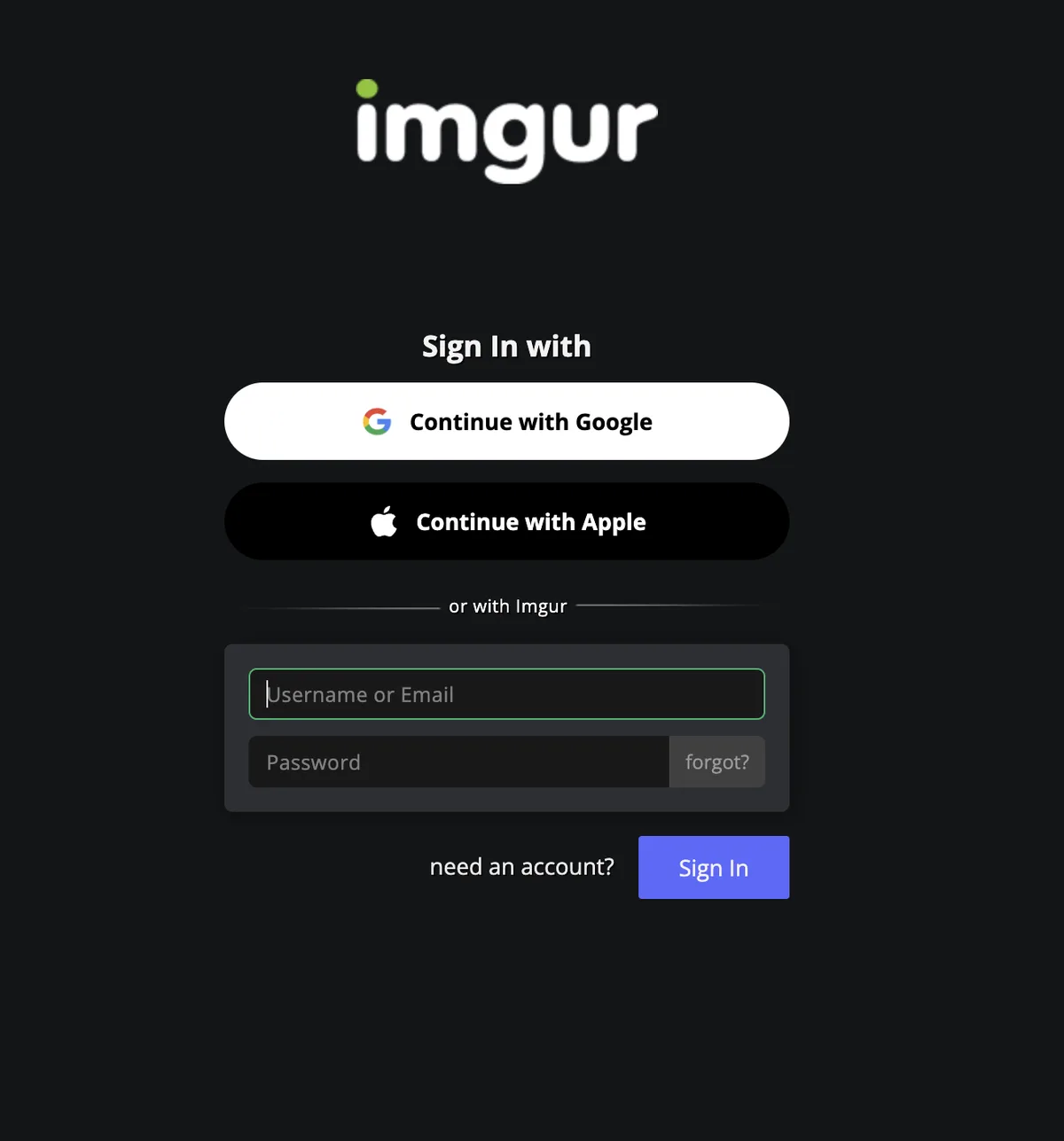 The image displays Imgur's login page with options to sign in via Google or Apple, or using a username/email and password…