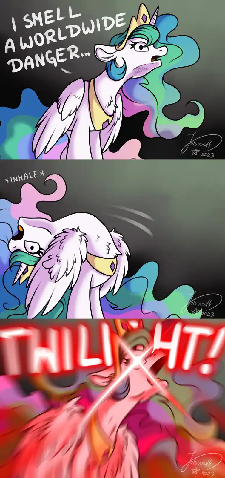 A three-panel comic shows a regal, winged unicorn with a rainbow mane and crown sniffing the air, then dramatically…
