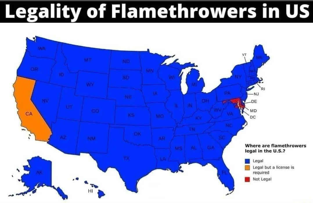 A map of the United States showing the legality of flamethrowers, with most states colored blue (legal), California colored…