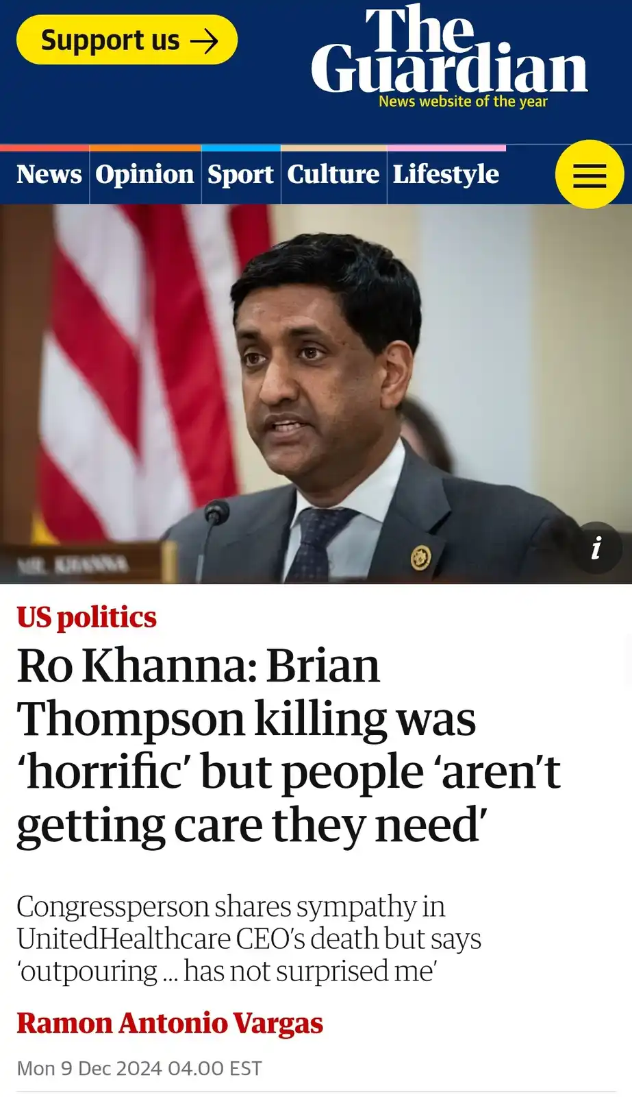 A screenshot of a The Guardian news article featuring a photo of US Congressman Ro Khanna speaking at a podium with an…