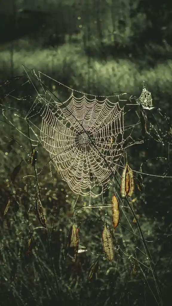 A close-up photograph shows a large, intricate spiderweb glistening with dewdrops, suspended between branches with dried…