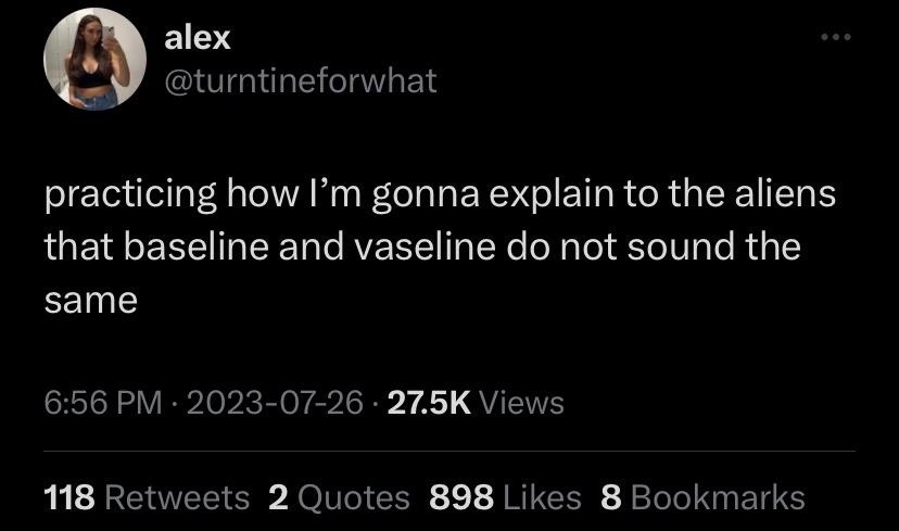 A screenshot of a tweet by user 'alex' (@turntineforwhat) showing a black background with white text. The text reads…