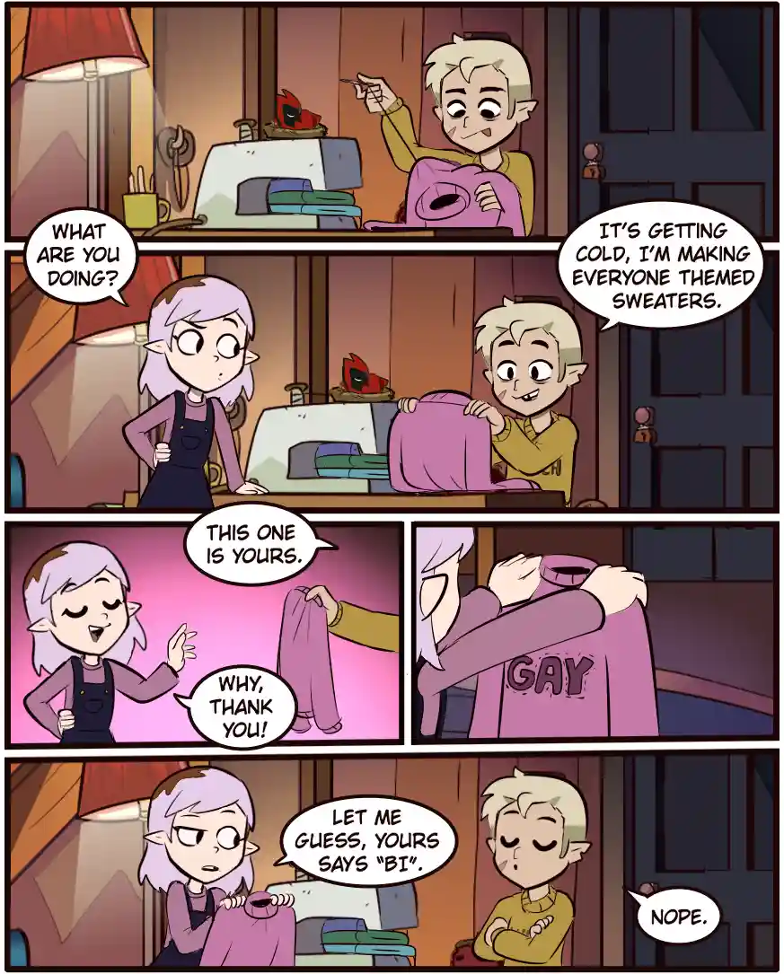 A four-panel comic strip shows a blonde elf boy making themed sweaters in a workshop. He gives a pink sweater to a…