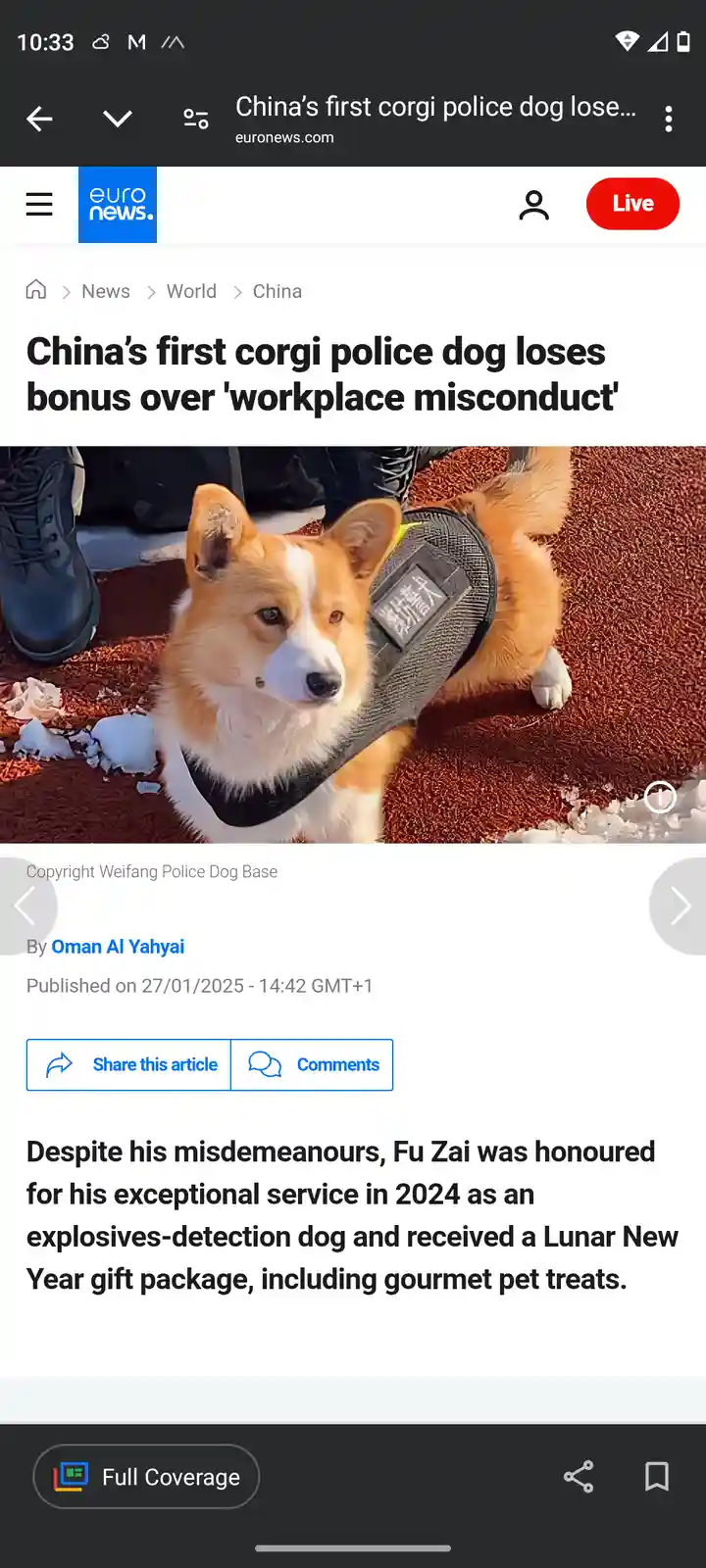 A corgi wearing a police vest sits on red gravel next to a person's boot, with a news article headline overlaid stating…