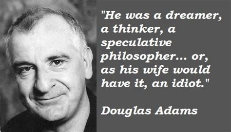 A black and white portrait of Douglas Adams smiling slightly, with a dark gray text box overlaying the right side of the…