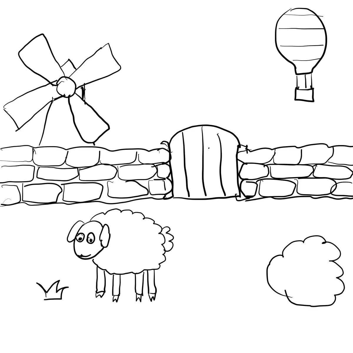 A simple black-and-white line drawing shows a cartoon sheep standing in a field, looking confused. Behind it is a stone wall…