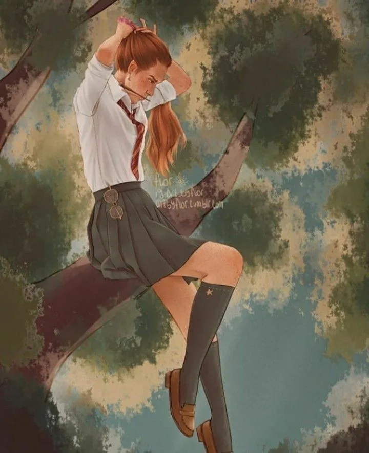 An anime-style illustration of a young woman with reddish-brown hair in a school uniform (white shirt, red tie, dark skirt…