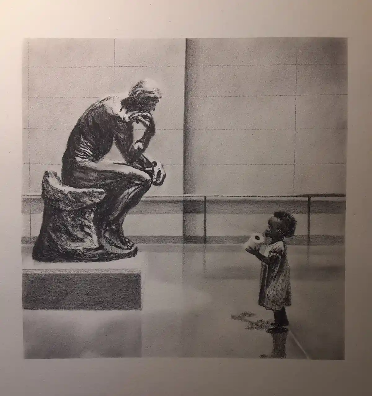 A charcoal drawing depicts a small child holding a roll of toilet paper, standing before the famous 'The Thinker' statue in…
