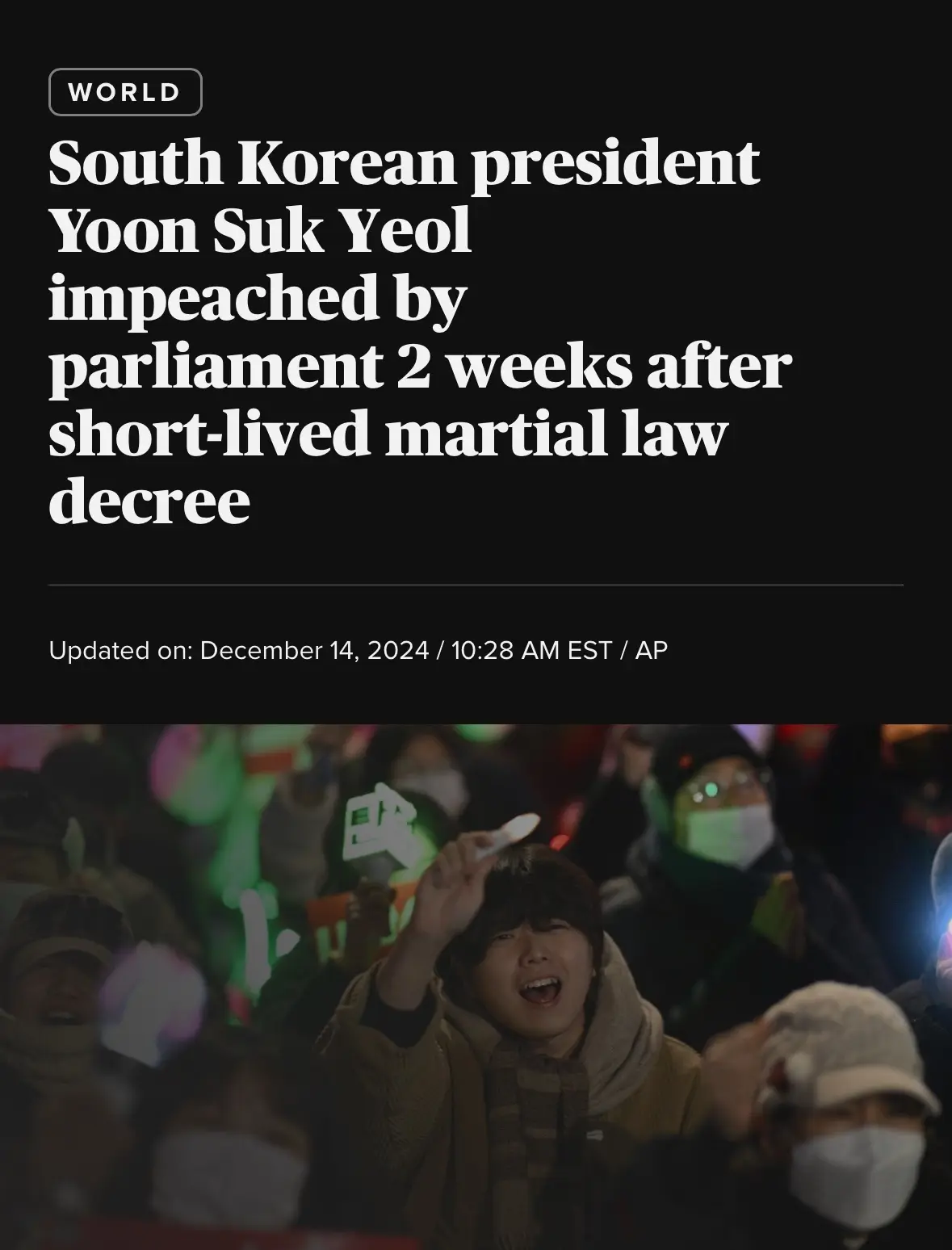 A news article headline reads 'South Korean president Yoon Suk Yeol impeached by parliament 2 weeks after short-lived…
