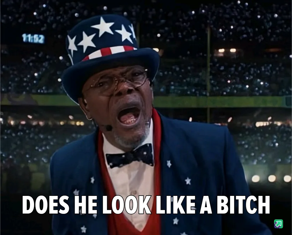 A man wearing a patriotic Uncle Sam costume with stars and stripes hat, glasses, and bowtie, is shown with an exaggerated…