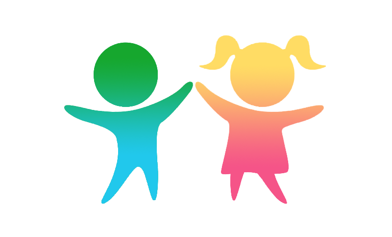 Two stylized cartoon children, one green-blue boy figure and one yellow-pink girl figure with pigtails, are shown holding…