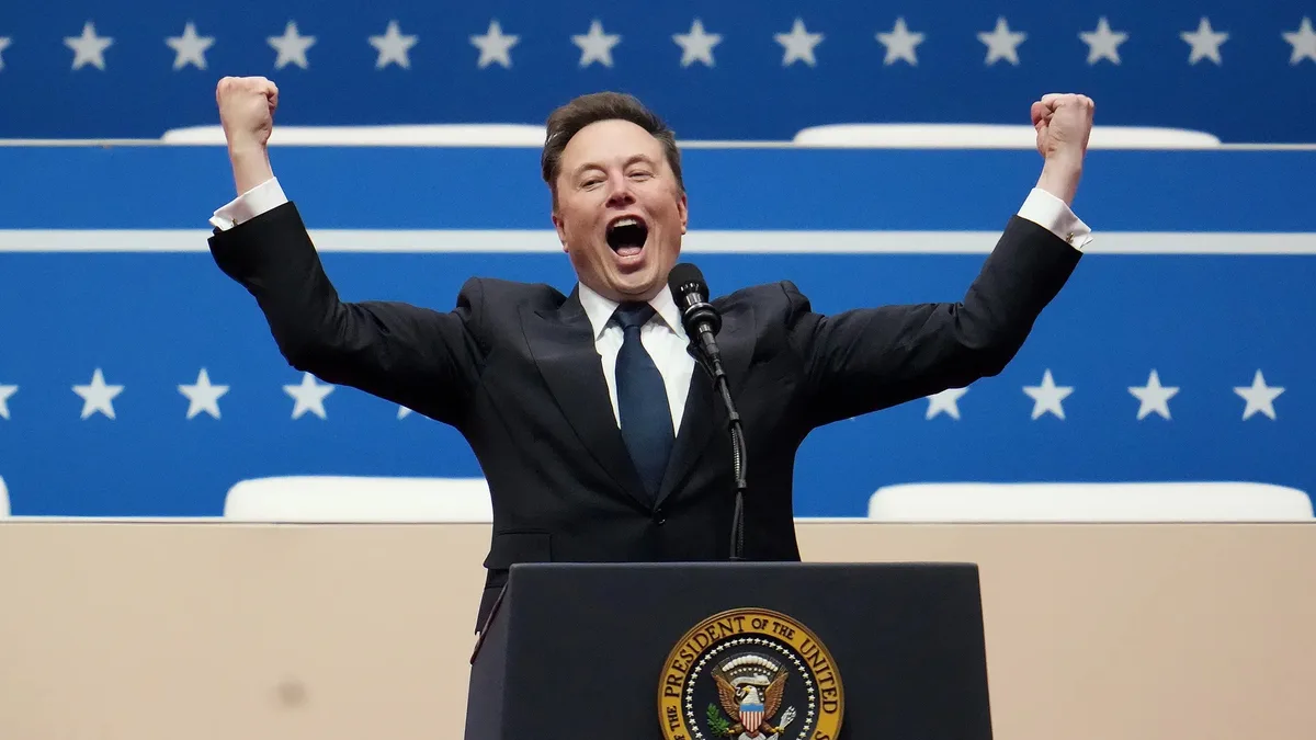 elon musk is shown standing at a podium with the seal of the president of the united states, wearing a suit and tie, with…