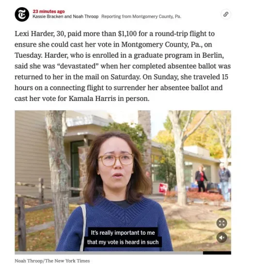 A screenshot of a New York Times article featuring a woman with glasses and a blue sweater, visibly surprised or concerned…