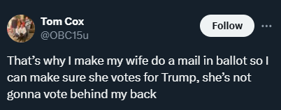 A screenshot of a tweet by Tom Cox (@OBC15u) showing his profile picture, username, and a 'Follow' button. The tweet text…