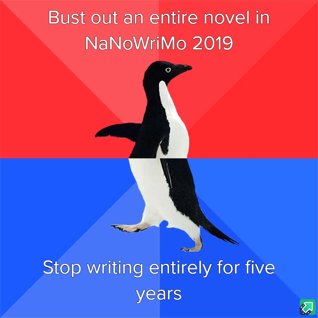 A penguin stands centered against a red and blue background, split horizontally. The top half reads 'Bust out an entire…