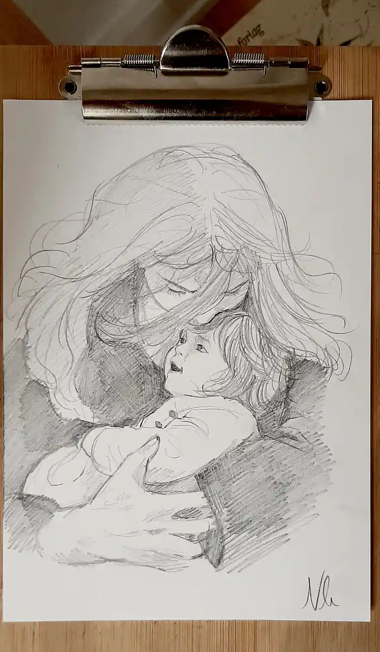 A pencil sketch on paper, clipped to a wooden clipboard, depicts a woman with long hair leaning down to kiss a small child…