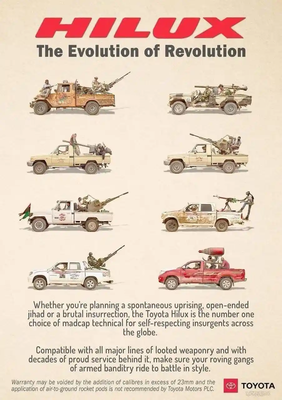 An advertisement parody titled 'HILUX The Evolution of Revolution' shows eight generations of Toyota Hilux pickup trucks…