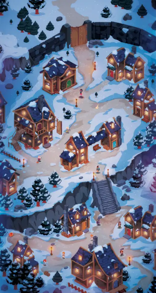 A snowy, cartoon-style village with wooden houses, snow-covered trees, and small characters walking on paths. The image has…