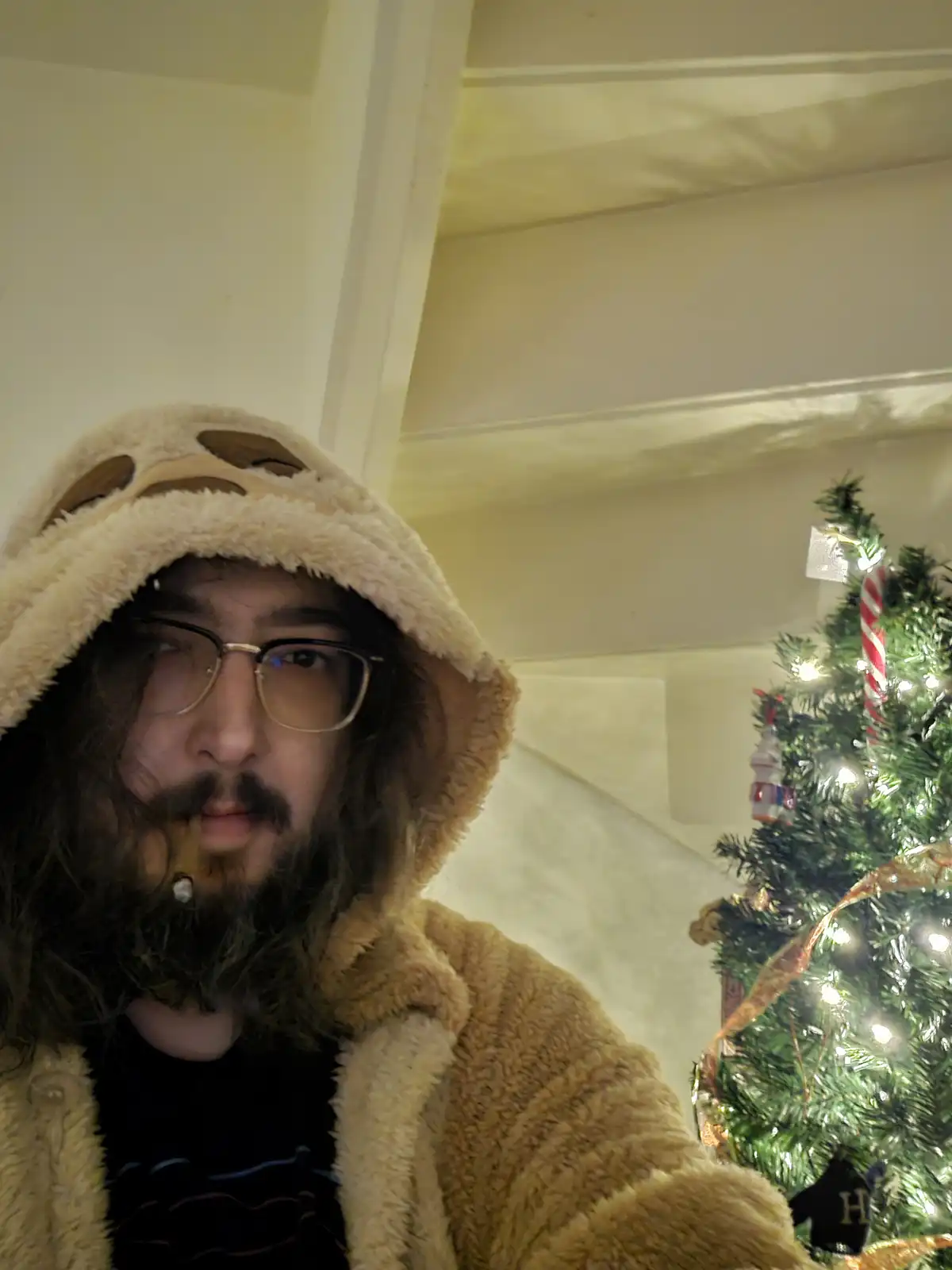 A person with long dark hair and glasses wears a fuzzy, light-brown animal-themed hooded jacket and has a cigarillo in their…