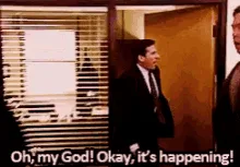 Six sequential frames from The Office show Jim Halpert reacting with escalating shock and excitement as he repeatedly…