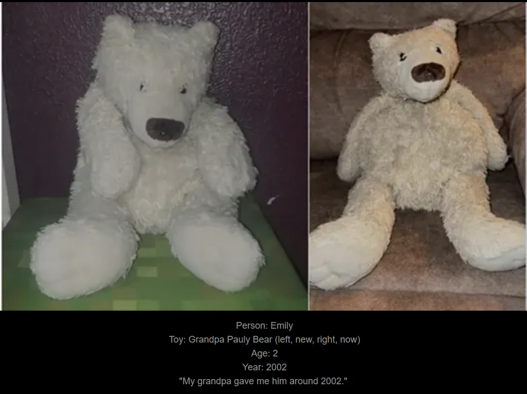 A split image shows a white teddy bear on the left and a visibly worn, stained, and faded teddy bear on the right. Text at…