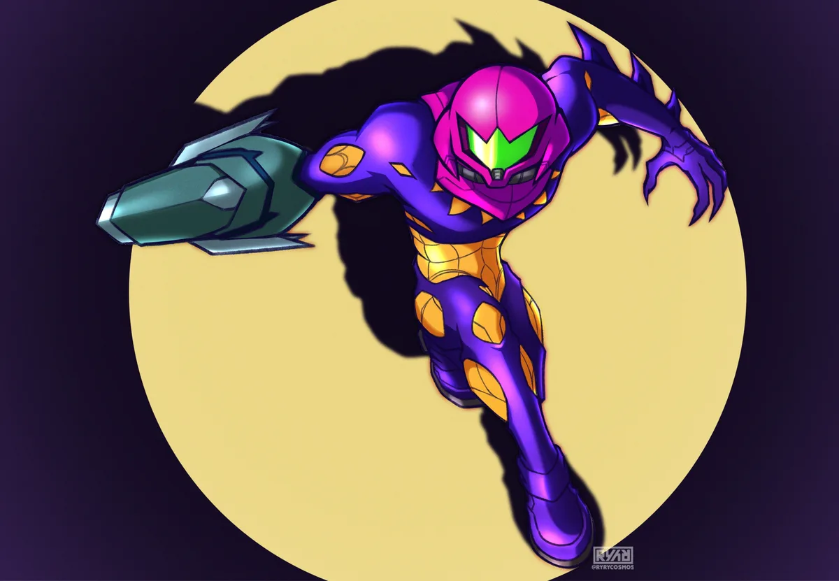 A stylized anime character in a purple and gold armored suit with a green visor and clawed hands, posed dynamically against…