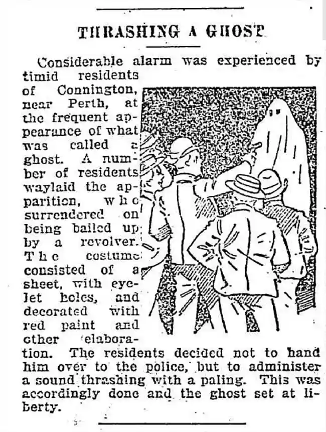 A vintage newspaper clipping titled 'THRASHING A GHOST' features a black-and-white illustration of several men in early…