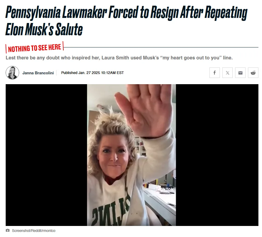 A screenshot of a news article with a headline about a Pennsylvania lawmaker resigning after repeating Elon Musk's salute…