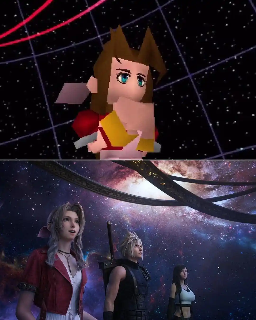 The top panel shows a low-polygon, pixelated 3D model of a character with brown hair and blue eyes against a starry…