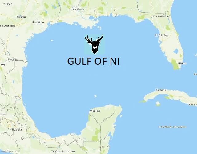 A map of the Gulf of Mexico with the text 'GULF OF NI' overlaid in bold black letters. Above the text is a black silhouette…