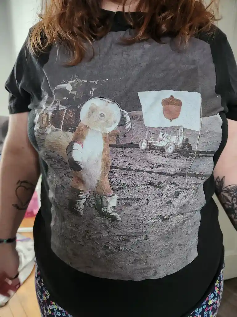 A person wearing a grey t-shirt with a graphic of a squirrel in an astronaut suit standing on the moon next to a lunar…