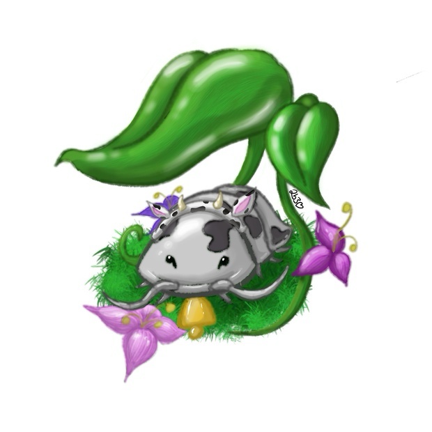 A cartoon cow with a cowbell hanging from its neck is nestled in green grass, surrounded by purple flowers and large green…