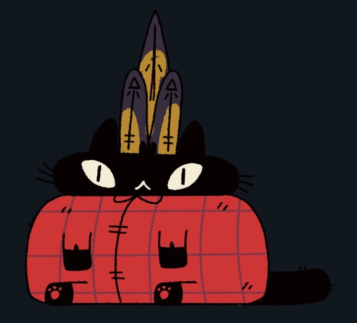 A cartoon black cat wearing a red plaid jacket sits calmly with wide eyes, while a crown made of three knives rests atop its…