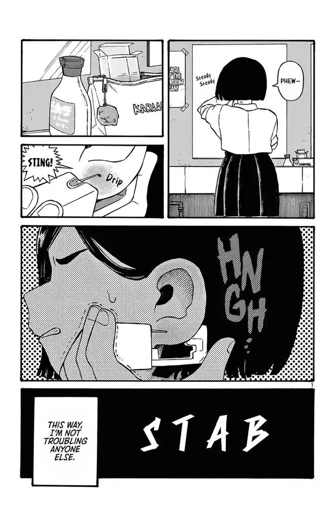 A black-and-white manga panel shows a girl in a school uniform preparing to inject herself with a syringe, then grimacing in…