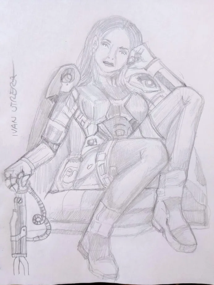 A pencil sketch of a female character in detailed futuristic armor sitting casually on a chair, one hand resting on her…