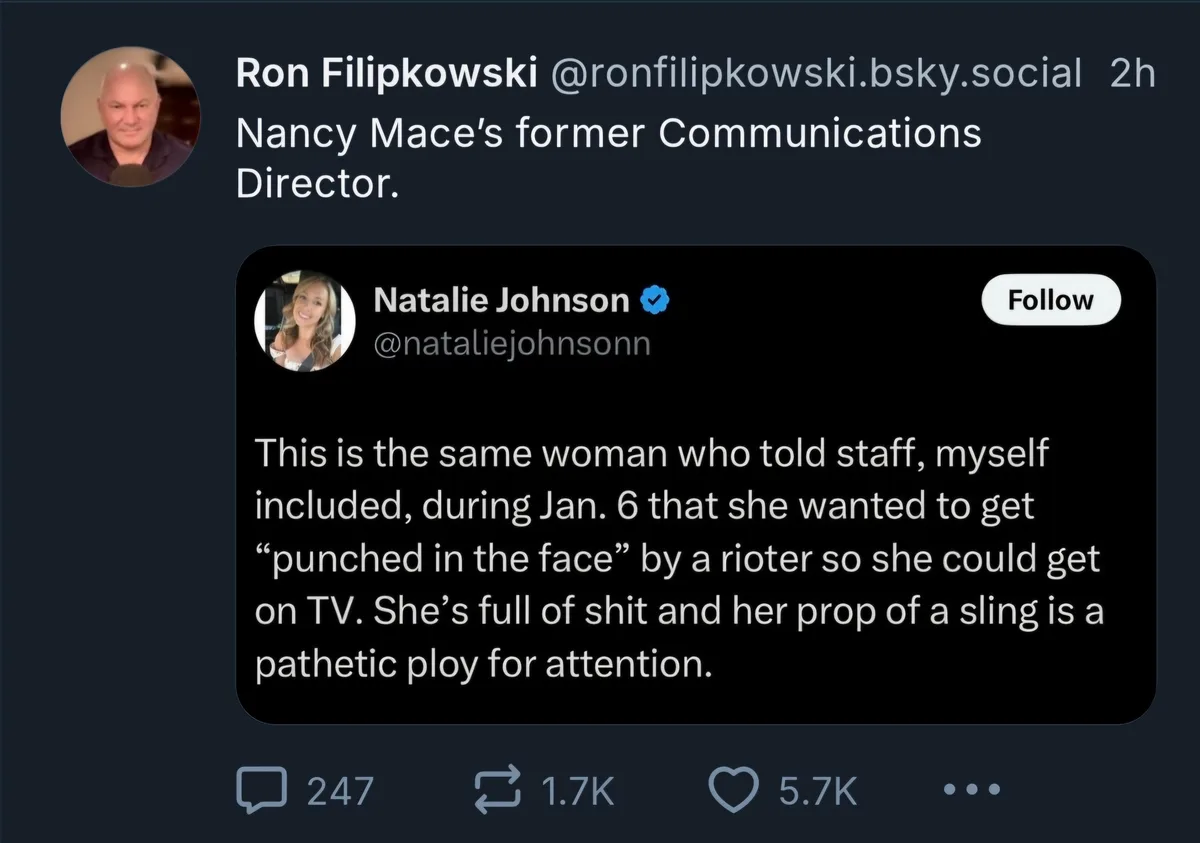 A screenshot of a social media post by Ron Filipkowski, who identifies himself as Nancy Mace's former Communications…