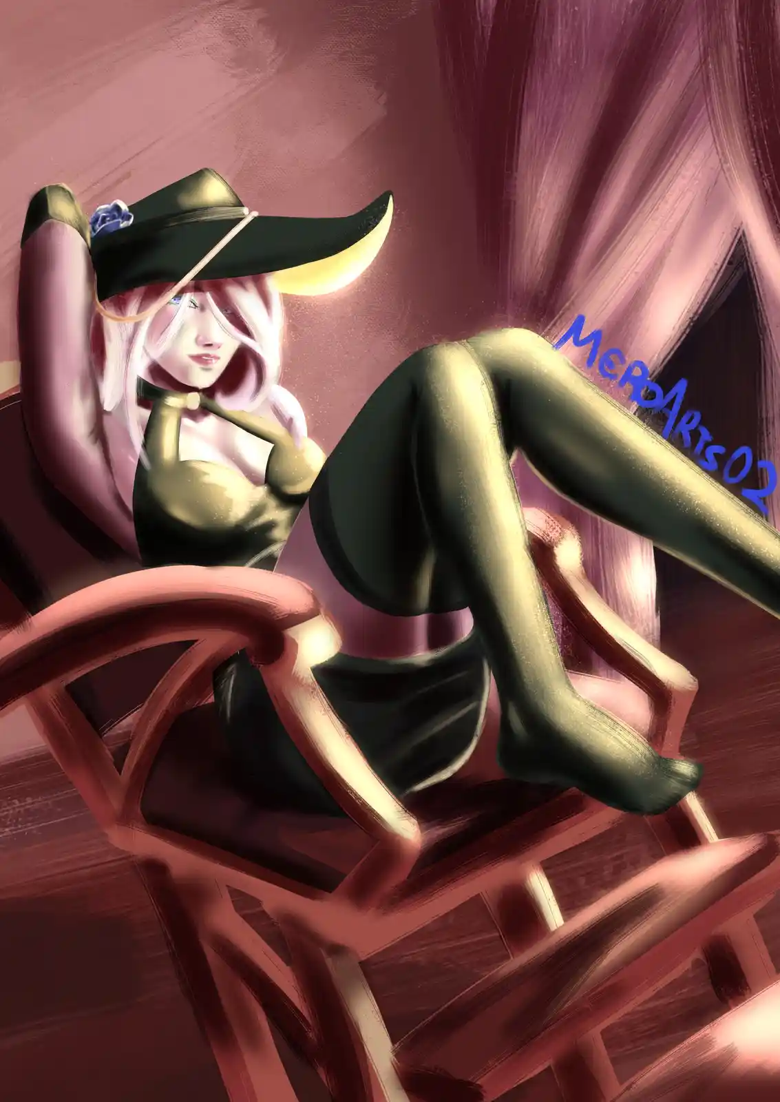 An anime-style illustration shows a woman with pink hair and blue eyes lounging in a red director's chair, wearing a black…