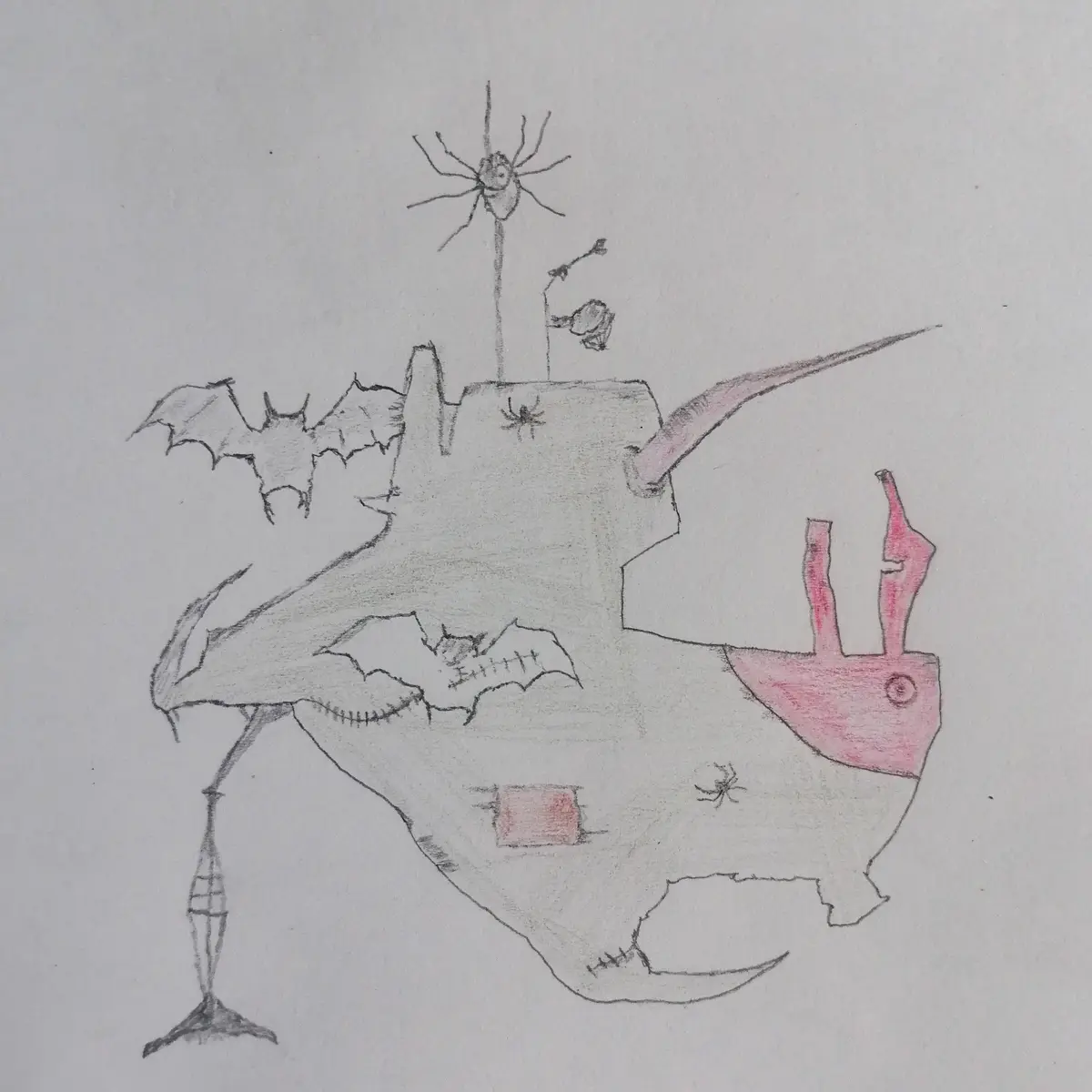 A hand-drawn, pencil-and-colored-pencil sketch depicts a large, stitched-together dragon-like creature with a pink horn…