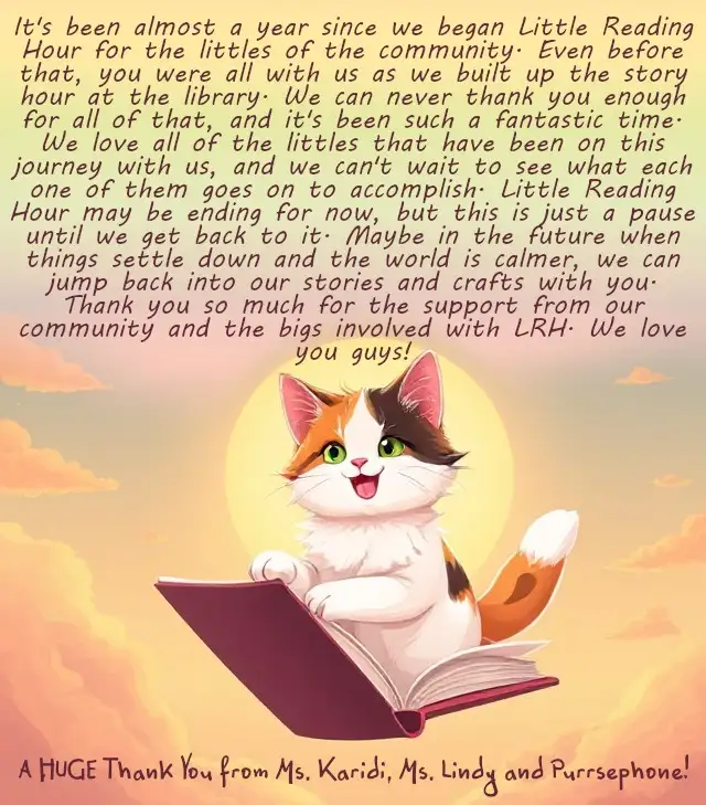 A cartoon cat with orange, black, and white fur sits happily on an open book floating in a sky with clouds and a large…