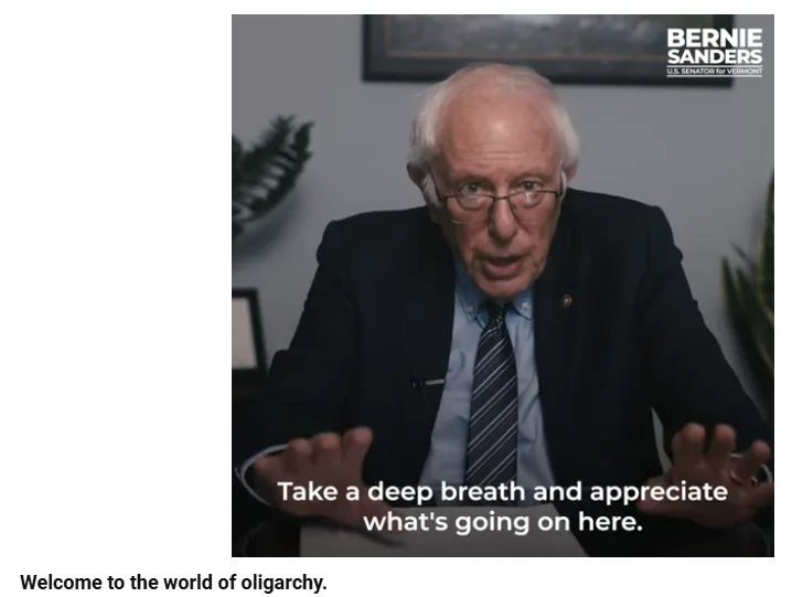 A still image of Bernie Sanders, identified as U.S. Senator for Vermont, speaking with his hands open and palms up. He is…