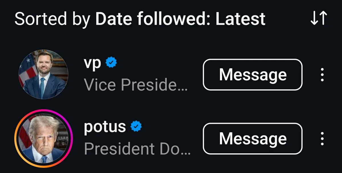 A screenshot of a social media interface showing two official accounts: 'vp' (Vice President) and 'potus' (President). The…