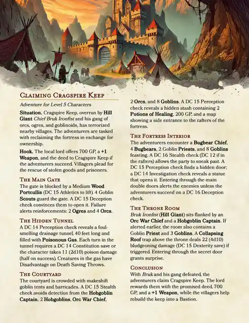 The image displays a fantasy illustration of a castle called Cragspire Keep surrounded by goblin tents, with overlaid text…