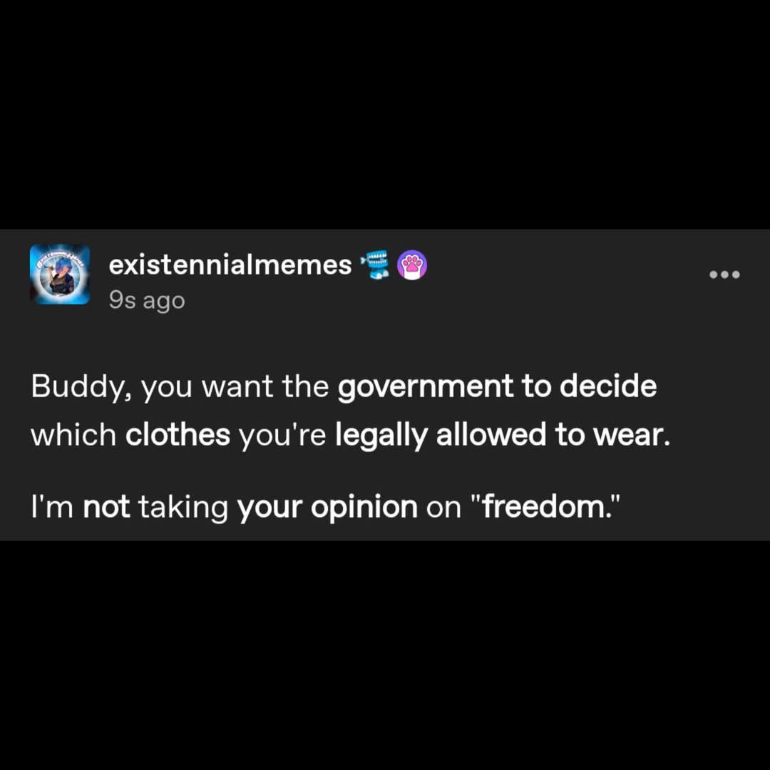 A screenshot of a social media post from 'existennialmemes' with white text on a dark background. The text reads: 'Buddy…