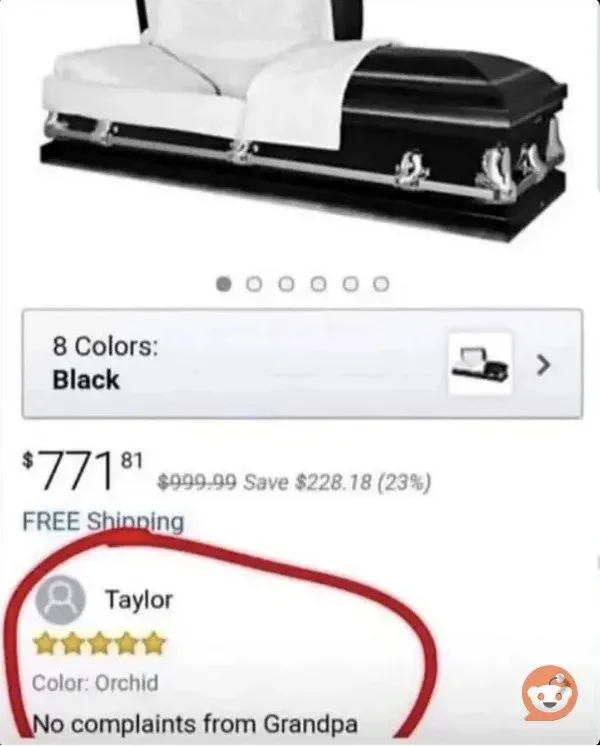 An online product listing for a black casket shows a customer review from 'Taylor' who rated it five stars and wrote 'No…
