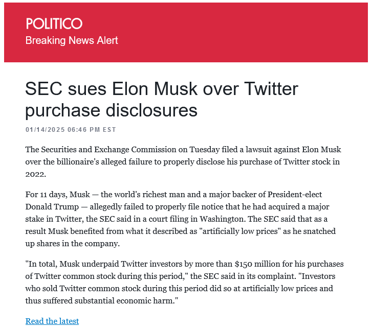 A screenshot of a Politico news article with a red header reading 'POLITICO Breaking News Alert'. The headline reads 'SEC…