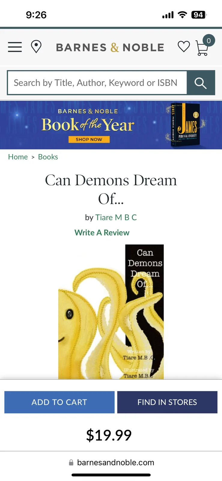 A screenshot of a Barnes & Noble mobile website showing a book titled 'Can Demons Dream Of...' by Tiare M B C. The book…